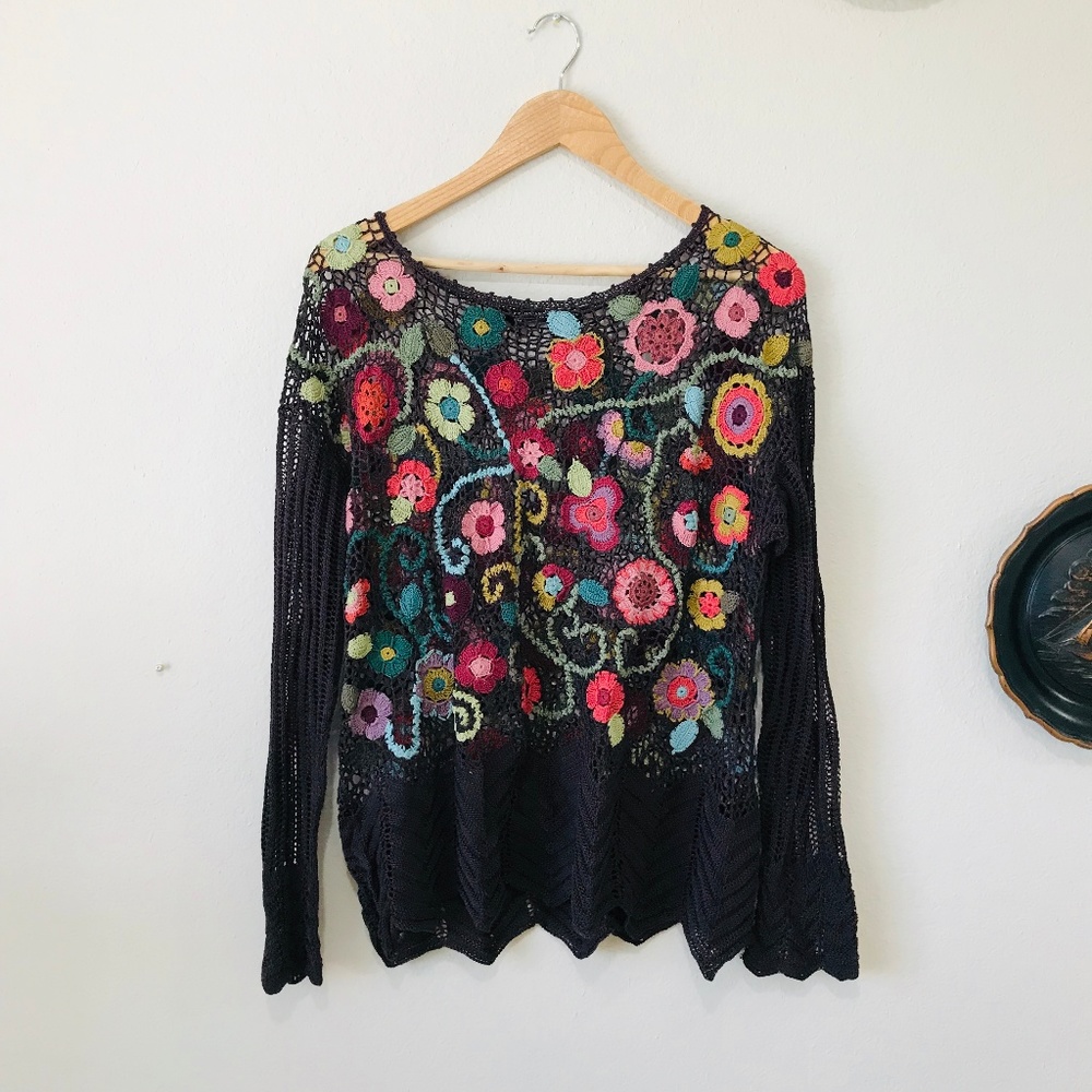 Peruvian Connection Floral Crochet Pullover